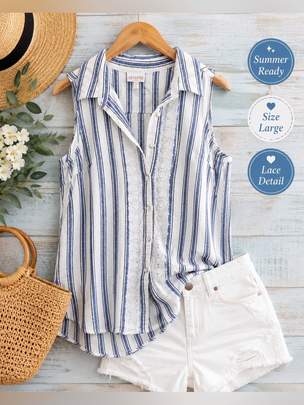 Shyanne Striped Sleeveless Button Front Top Large Blue White Lace Detail